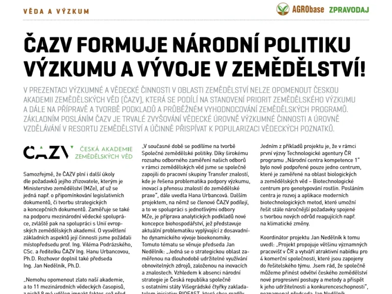 ČAZV formuje národní politiku výzkumu a vývoje v zemědělství – článek v AGRObase