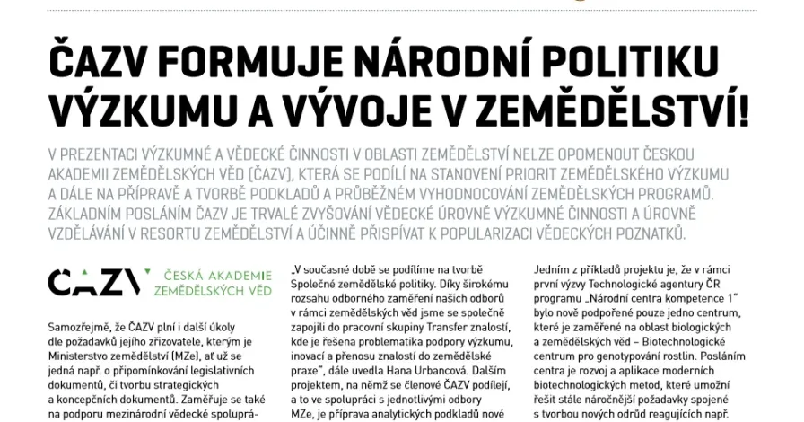 ČAZV formuje národní politiku výzkumu a vývoje v zemědělství – článek v AGRObase