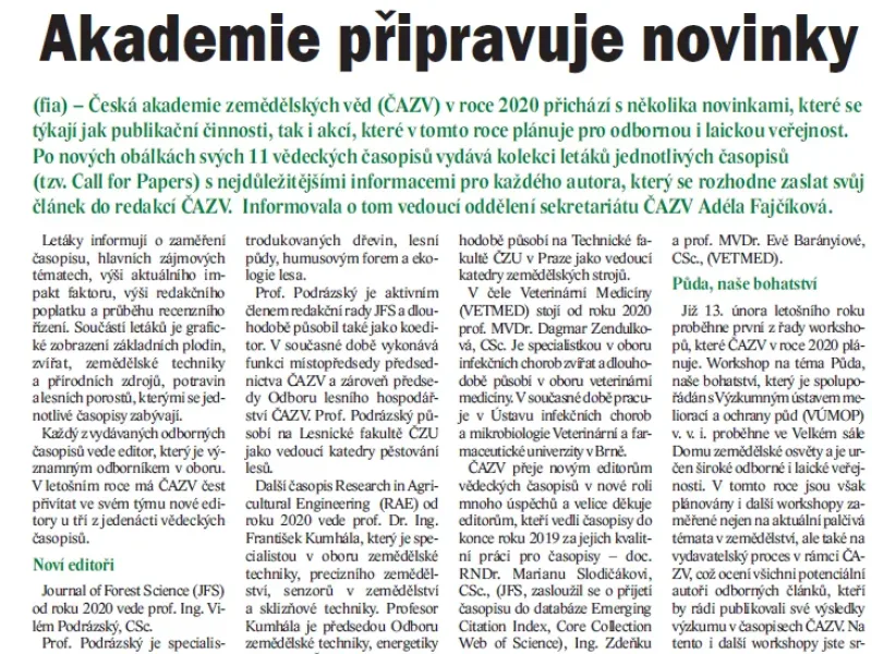 O novinkách ČAZV také v časopise Zemědělec