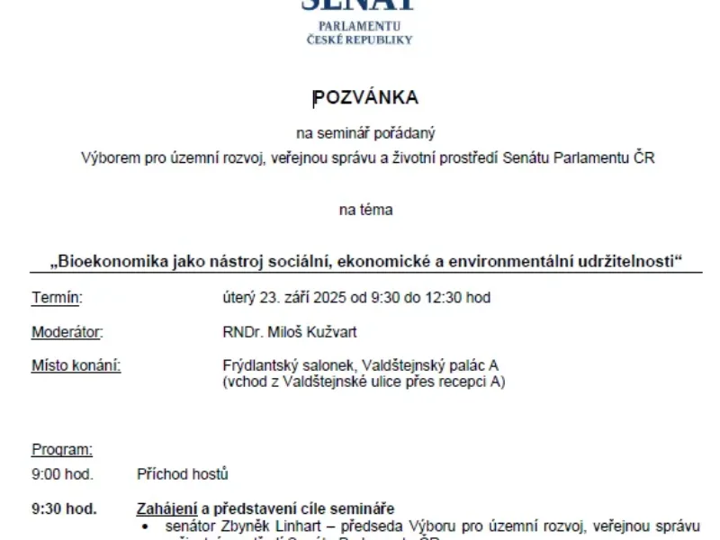 Pozvánka na seminář „Bioekonomika jako nástroj sociální, ekonomické a environmentální udržitelnosti“