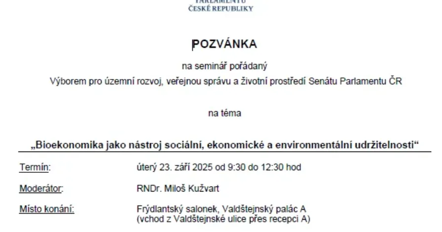 Pozvánka na seminář „Bioekonomika jako nástroj sociální, ekonomické a environmentální udržitelnosti“
