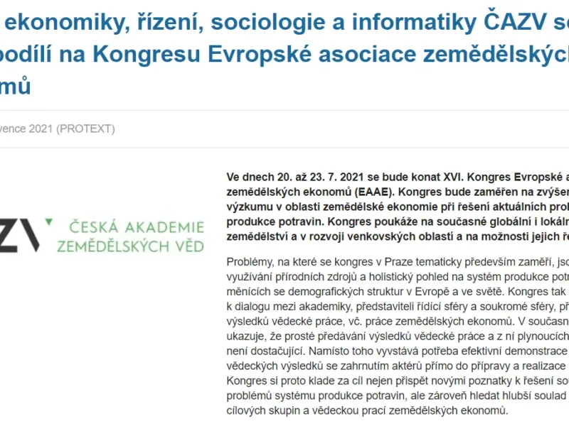 OEŘSI ČAZV se spolupodílí na Kongresu Evropské asociace zemědělských ekonomů