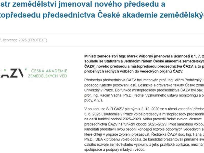 Tisková zpráva – Ministr zemědělství jmenoval nového předsedu a místopředsedu předsednictva České akademie zemědělských věd