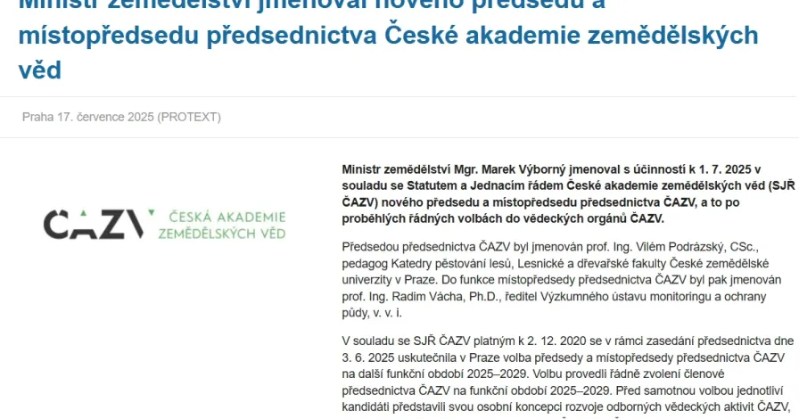 Tisková zpráva – Ministr zemědělství jmenoval nového předsedu a místopředsedu předsednictva České akademie zemědělských věd