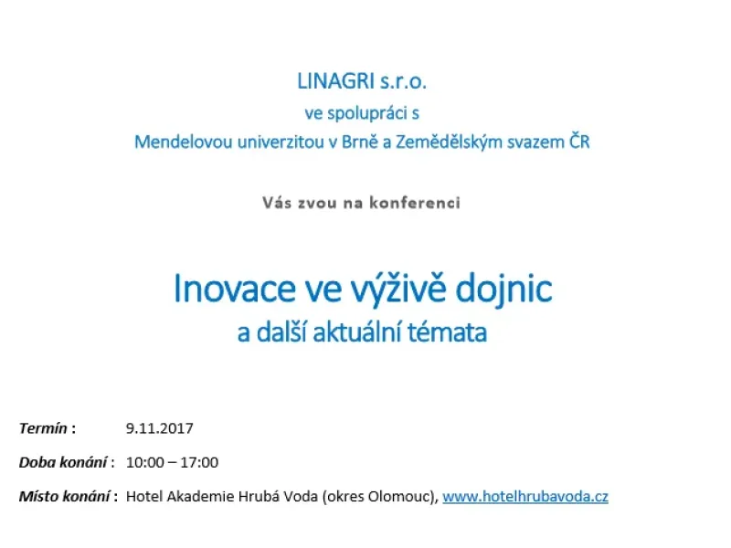 Pozvánka na konferenci Inovace ve výživě dojnic
