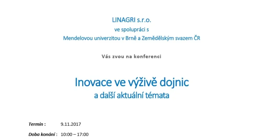 Pozvánka na konferenci Inovace ve výživě dojnic