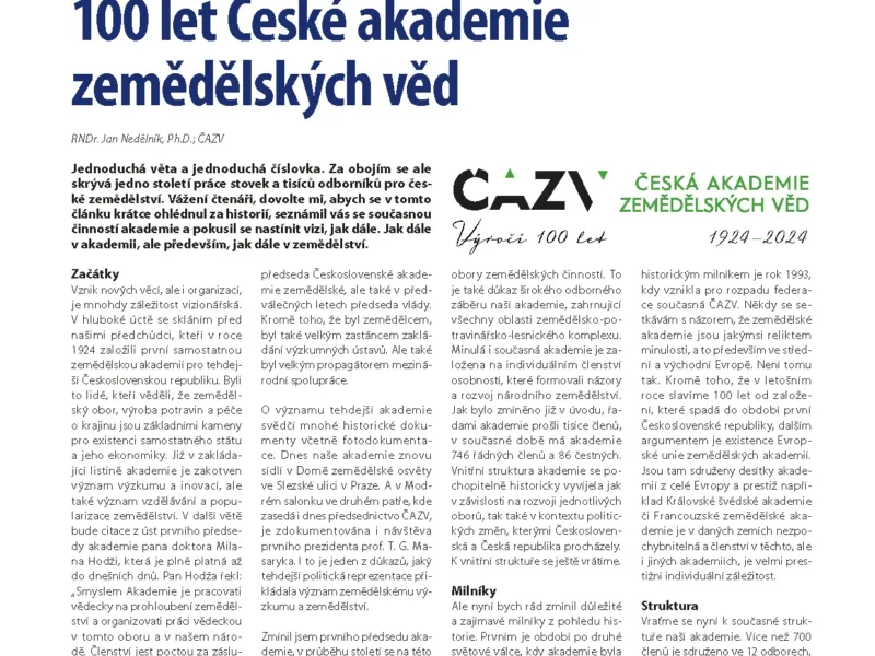 „100 let České akademie zemědělských věd“ v časopise Agromanuál