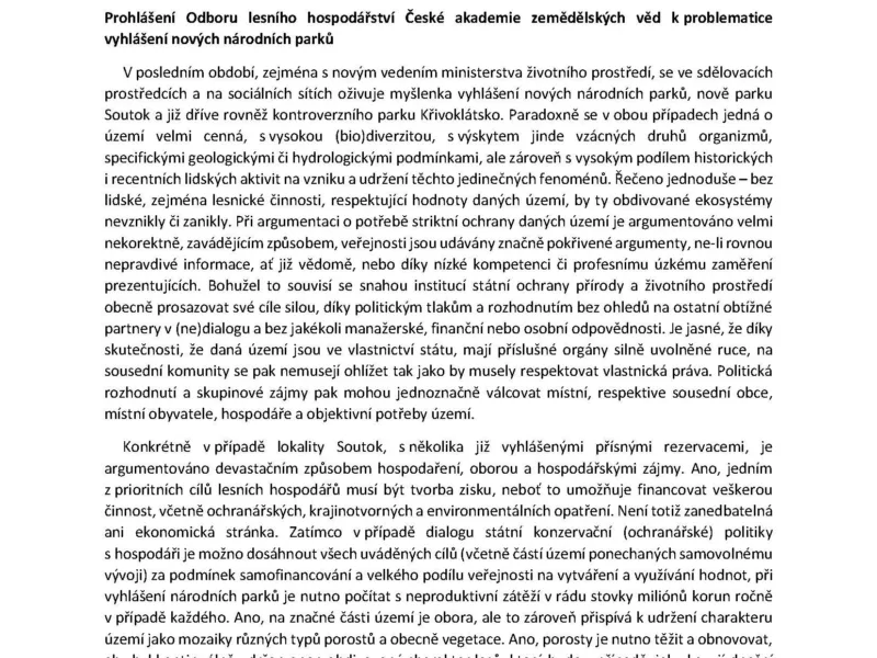 Prohlášení odboru lesního hospodářství ČAZV