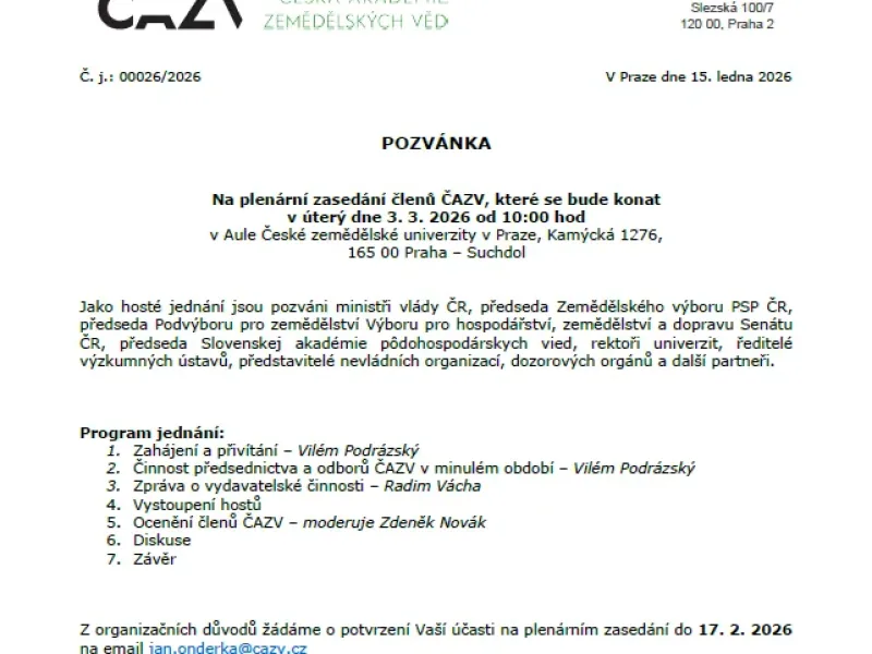 Pozvánka na plenární zasedání členů ČAZV