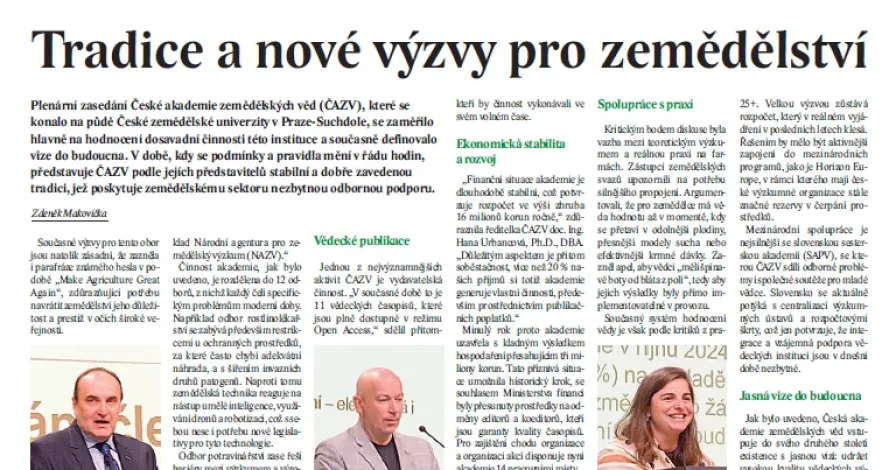 O plenárním zasedání ČAZV informoval časopis Zemědělec