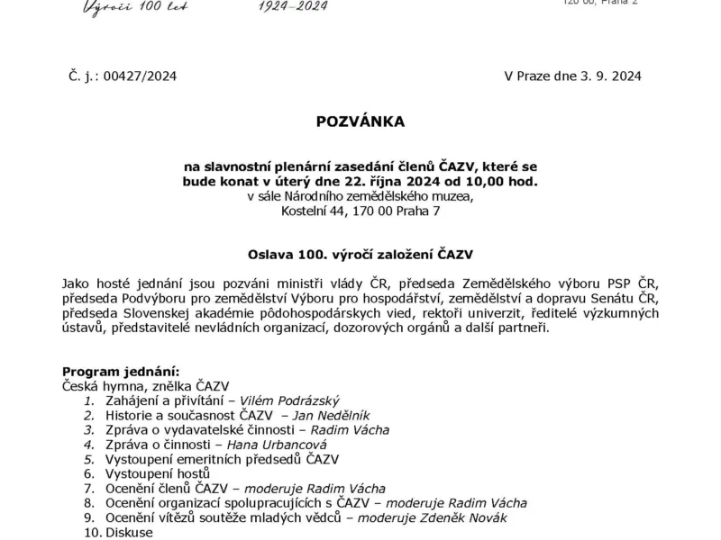 Slavnostní plenární zasedání členů ČAZV