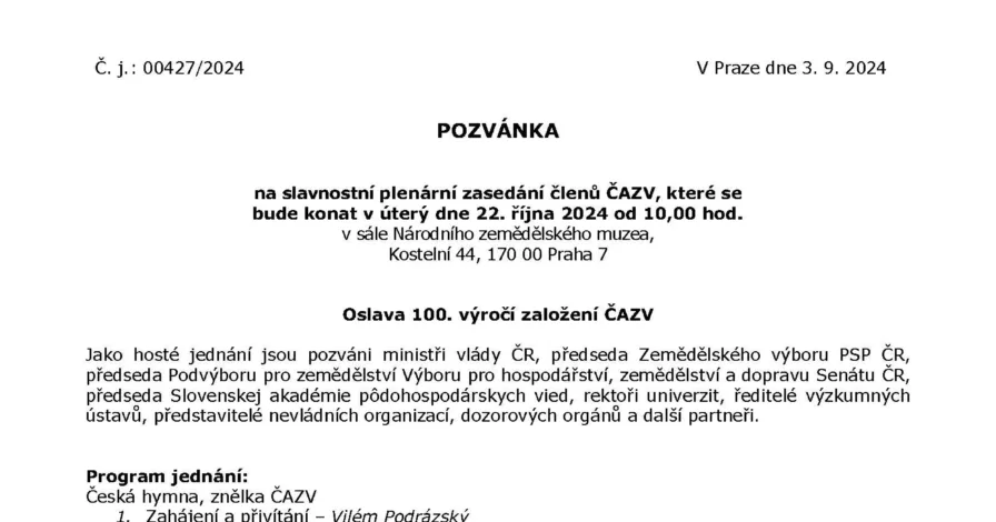 Slavnostní plenární zasedání členů ČAZV