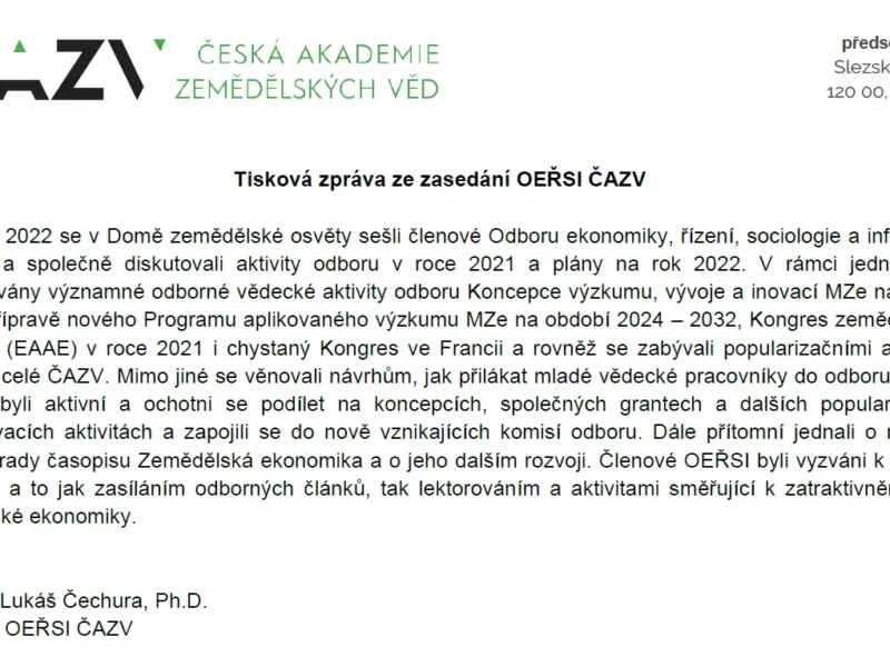 Tisková zpráva ze zasedání OEŘSI ČAZV