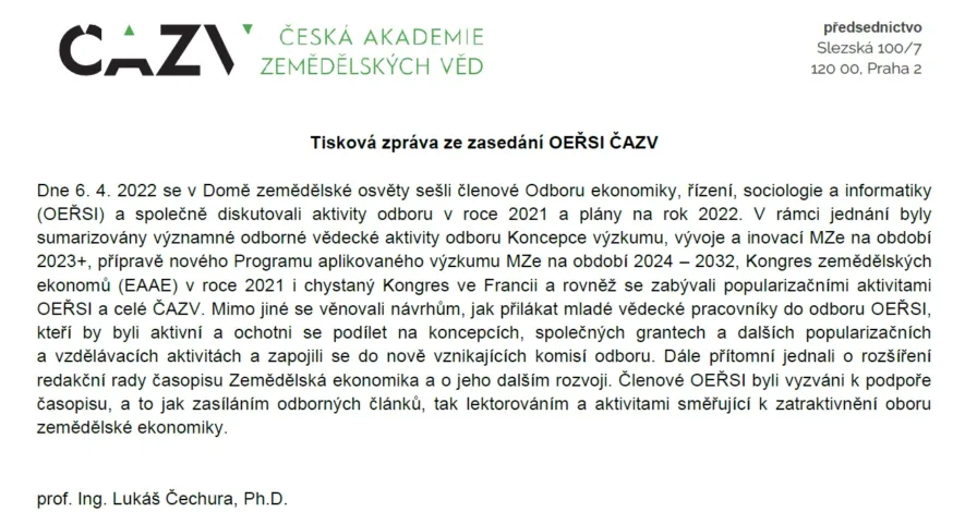 Tisková zpráva ze zasedání OEŘSI ČAZV