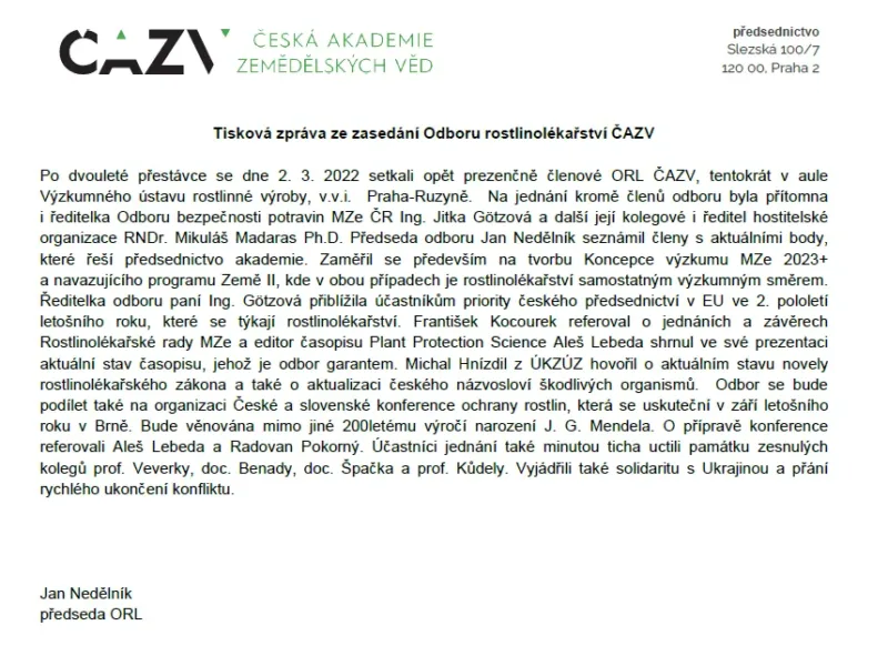 Tisková zpráva ze zasedání Odboru rostlinolékařství ČAZV
