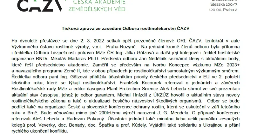 Tisková zpráva ze zasedání Odboru rostlinolékařství ČAZV