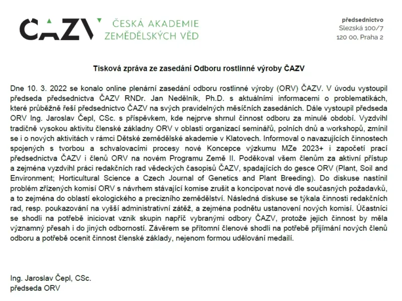 Tisková zpráva ze zasedání Odboru rostlinné výroby ČAZV