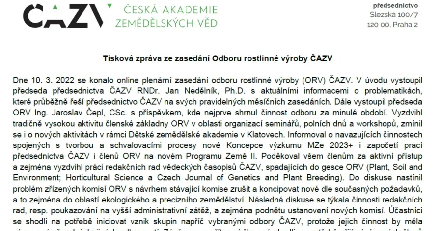 Tisková zpráva ze zasedání Odboru rostlinné výroby ČAZV