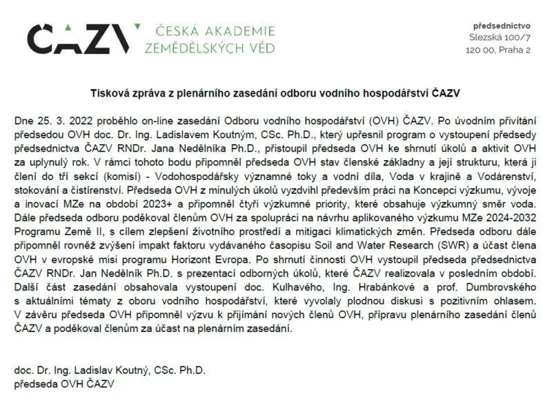 Tisková zpráva z plenárního zasedání odboru vodního hospodářství ČAZV