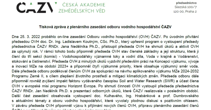 Tisková zpráva z plenárního zasedání odboru vodního hospodářství ČAZV