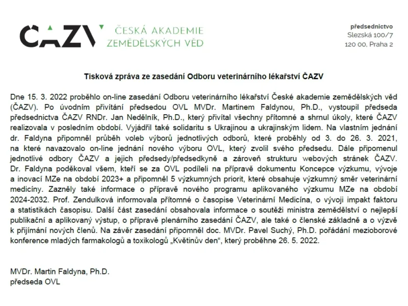 Tisková zpráva ze zasedání Odboru veterinárního lékařství ČAZV