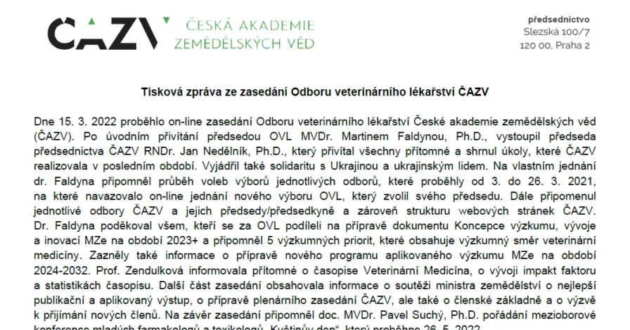 Tisková zpráva ze zasedání Odboru veterinárního lékařství ČAZV