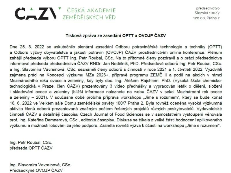 Tisková zpráva ze zasedání OPTT a OVOJP ČAZV