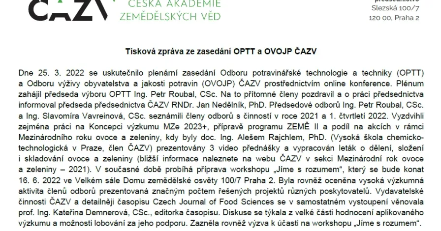 Tisková zpráva ze zasedání OPTT a OVOJP ČAZV