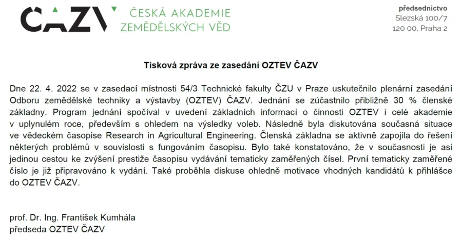 Tisková zpráva ze zasedání OZTEV ČAZV