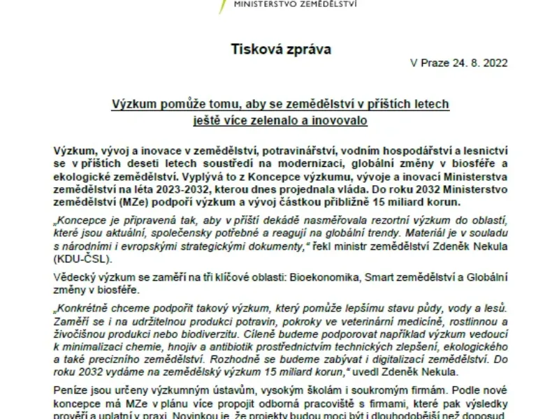 Tisková zpráva Ministerstva zemědělství ČR