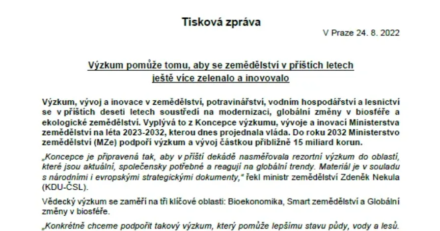 Tisková zpráva Ministerstva zemědělství ČR