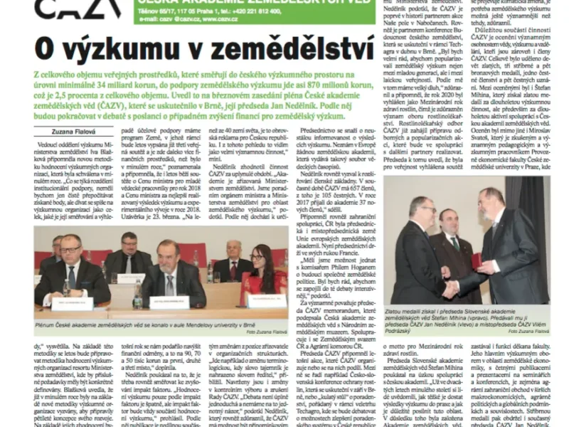 Novinky o ČAZV v aktuálním čísle časopisu Zemědělec