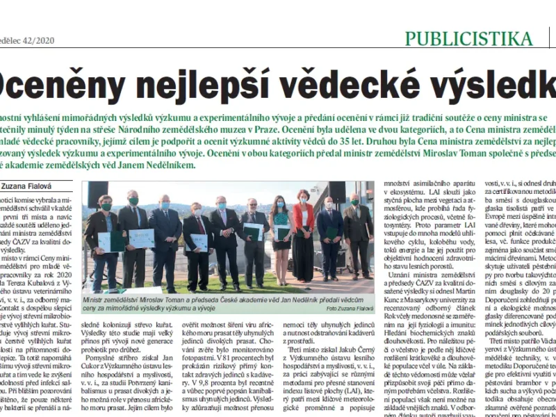 O slavnostním udílení cen ministra zemědělství v časopise Zemědělec