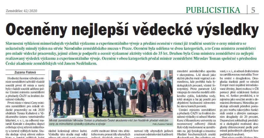 O slavnostním udílení cen ministra zemědělství v časopise Zemědělec