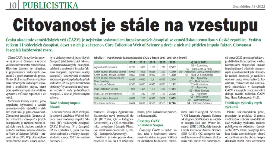 O citovanosti časopisů ČAZV v týdeníku Zemědělec