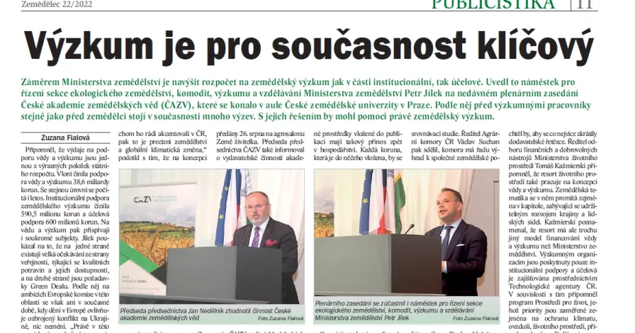 O plenárním zasedání členů ČAZV v časopise Zemědělec
