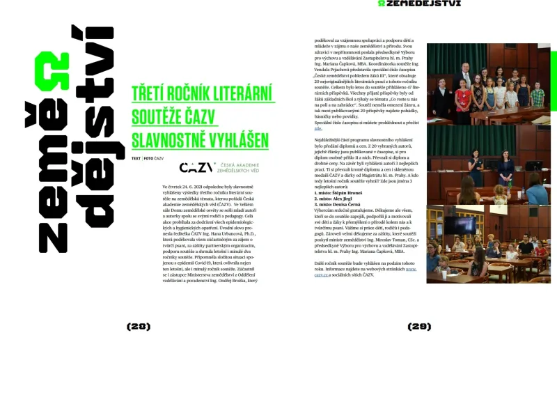 O slavnostním vyhlášení výsledků literární soutěže ČAZV v časopise Zemědělec a Zemědělská škola