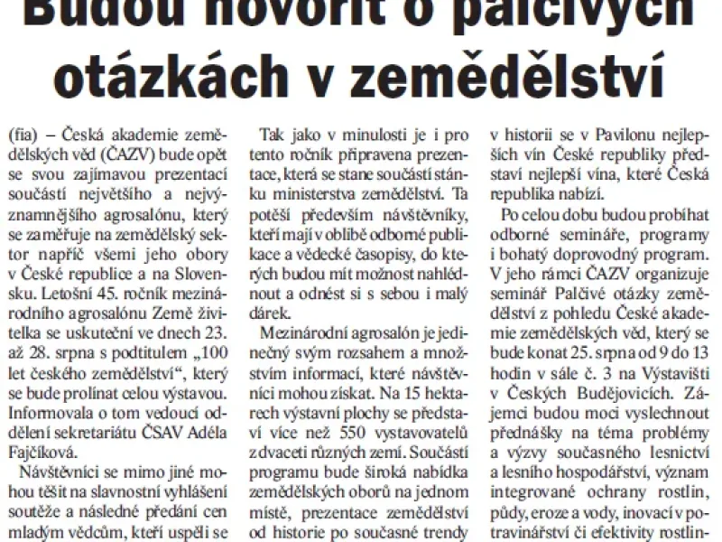 O účasti ČAZV na Zemi živitelce