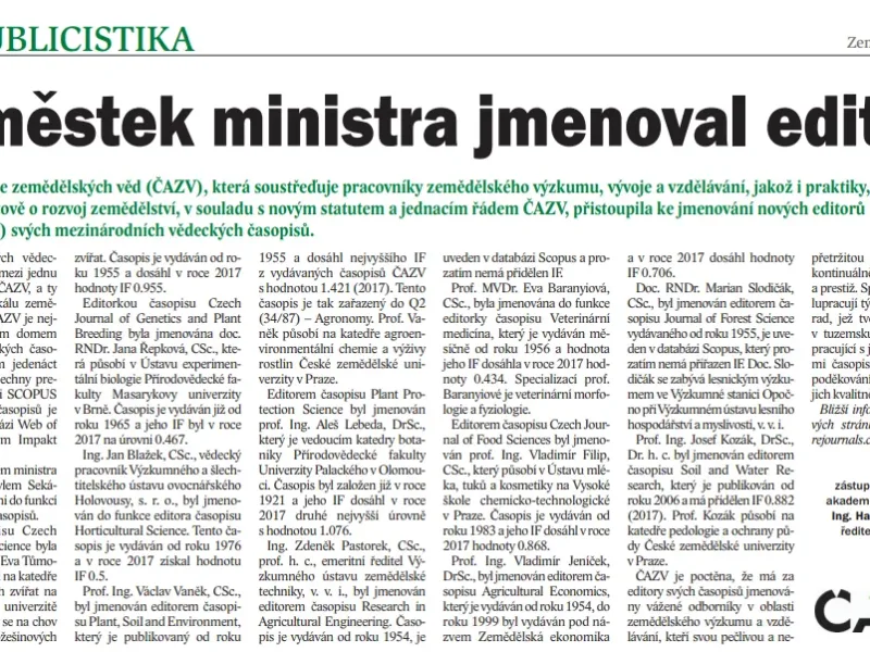 Náměstek ministra jmenoval editory časopisů ČAZV