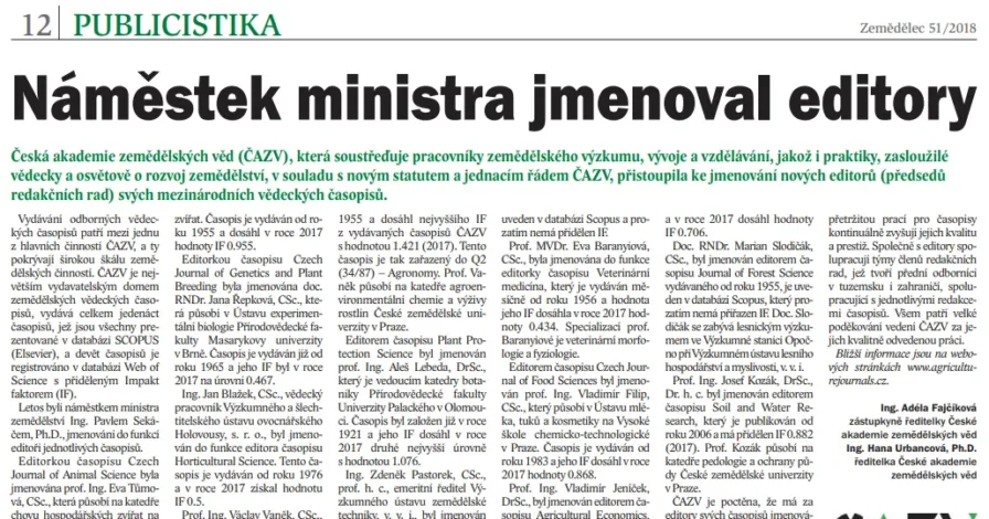 Náměstek ministra jmenoval editory časopisů ČAZV