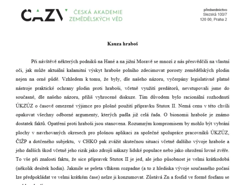 Vyjádření odboru rostlinolékařství ČAZV ke kauze hraboš