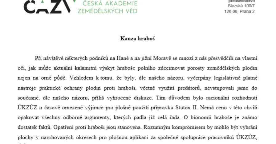 Vyjádření odboru rostlinolékařství ČAZV ke kauze hraboš