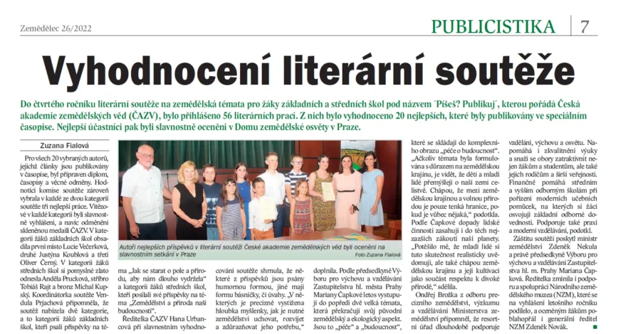 O vyhlášení 4. ročníku literární soutěže ČAZV v časopise Zemědělec