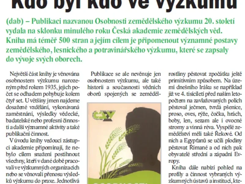 „Kdo byl kdo ve výzkumu“ – článek o publikaci ČAZV v časopisu Zemědělec