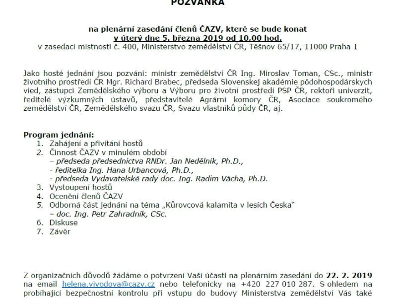 Pozvánka na plenární zasedání členů ČAZV