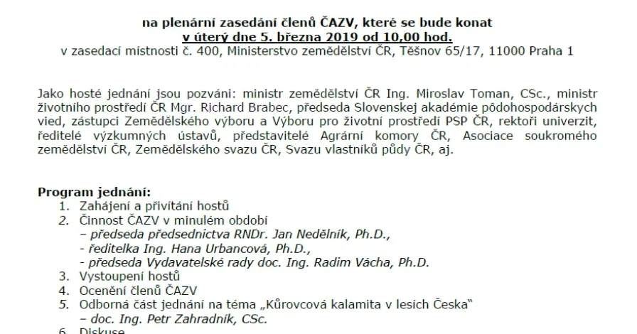 Pozvánka na plenární zasedání členů ČAZV