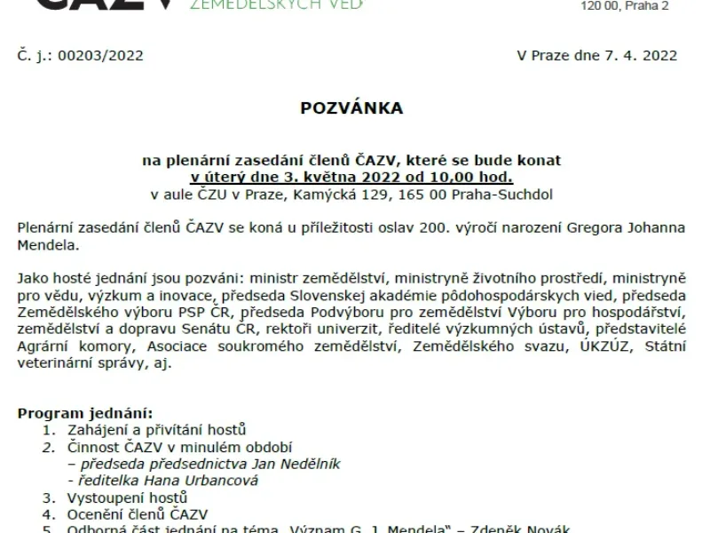 Pozvánka na plenární zasedání členů ČAZV