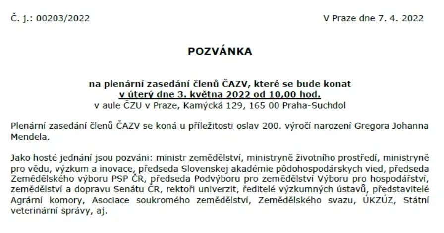 Pozvánka na plenární zasedání členů ČAZV