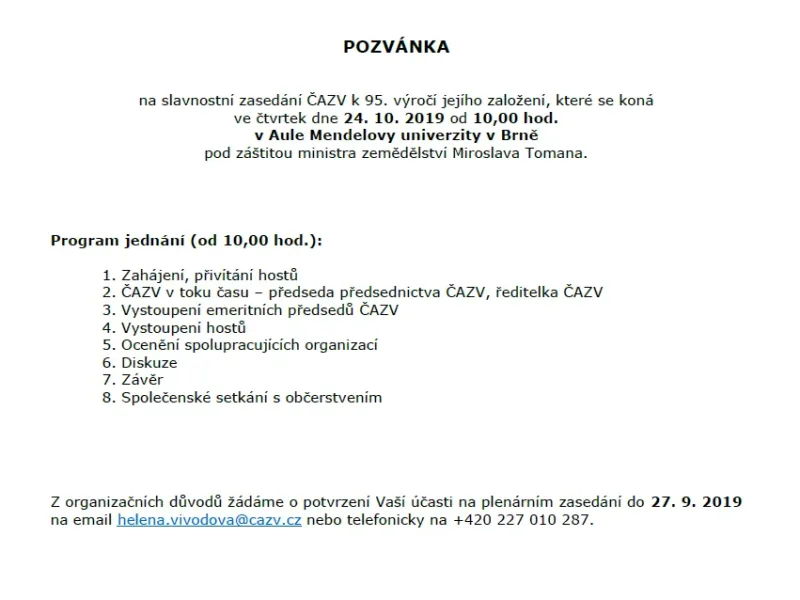 Pozvánka na slavnostní zasedání členů ČAZV k 95. výročí jejího založení
