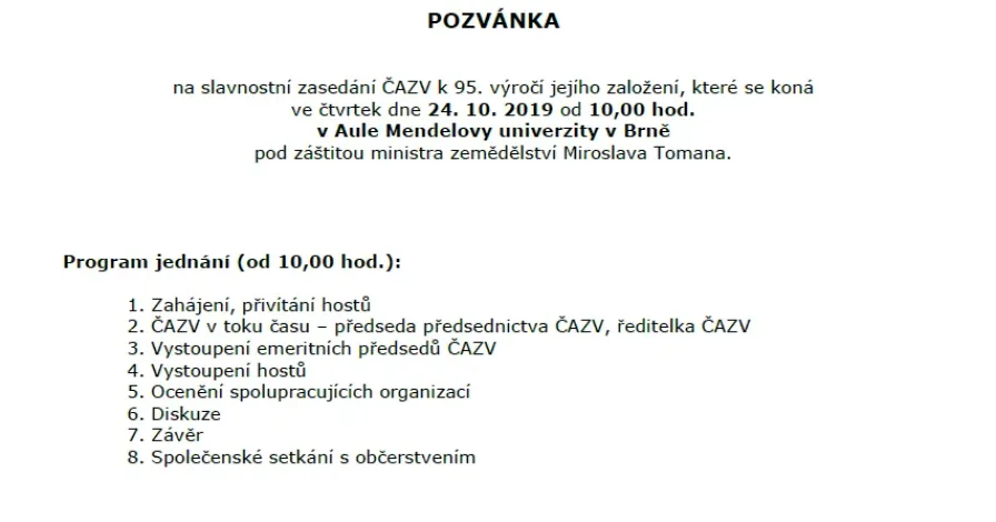 Pozvánka na slavnostní zasedání členů ČAZV k 95. výročí jejího založení